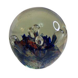 Art Glass Bubble Glass Paperweight Cobalt Blue Red  3.5 x 3.5